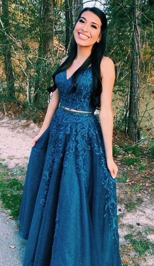 two piece prom dresses, formal graduation party dresses, blue prom gowns for teens CD7925