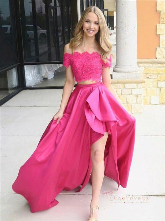 Asymmetrical Two Piece Prom Dress with Lace Crop Prom Dress CD8983