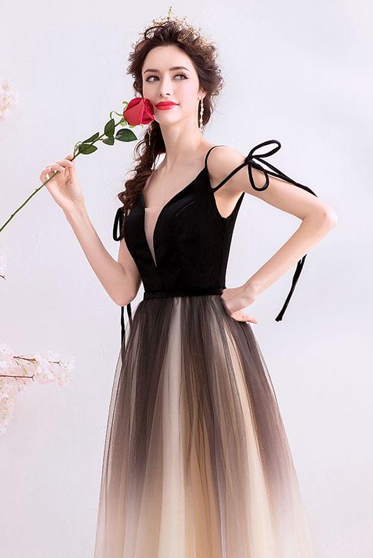 Black Deep V Neck Sleeveless Floor Length Tulle Ombre Prom Dress N2313