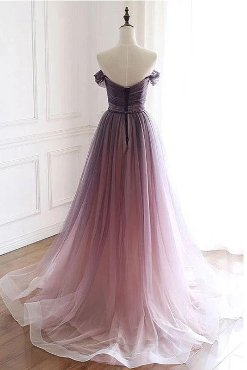 A Line Off the Shoulder Ombre Prom Dresses with Belt, Purple Gradient Long Tulle Formal Dress N2436
