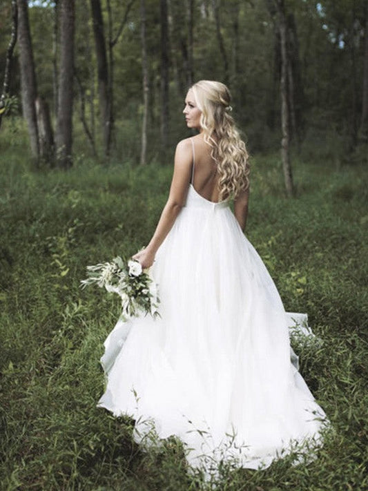 A-Line/Princess Sleeveless V-neck Spaghetti Straps Court Train Lace Tulle Wedding Dresses CICIP0006262