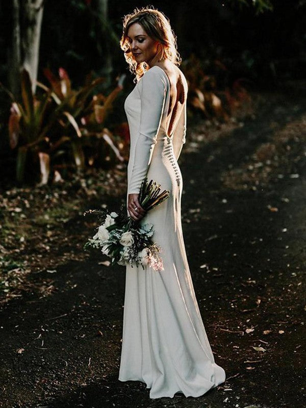 Sheath/Column Jewel Long Sleeves Floor-Length Ruffles Stretch Crepe Wedding Dresses CICIP0006325