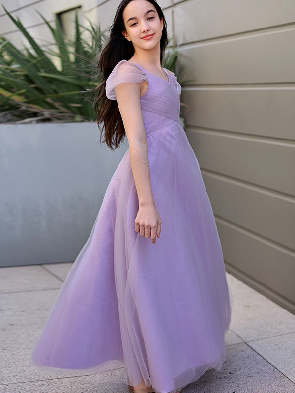 A-Line/Princess Tulle Ruched V-neck Short Sleeves Floor-Length Junior/Girls Bridesmaid Dresses CICIP0005881