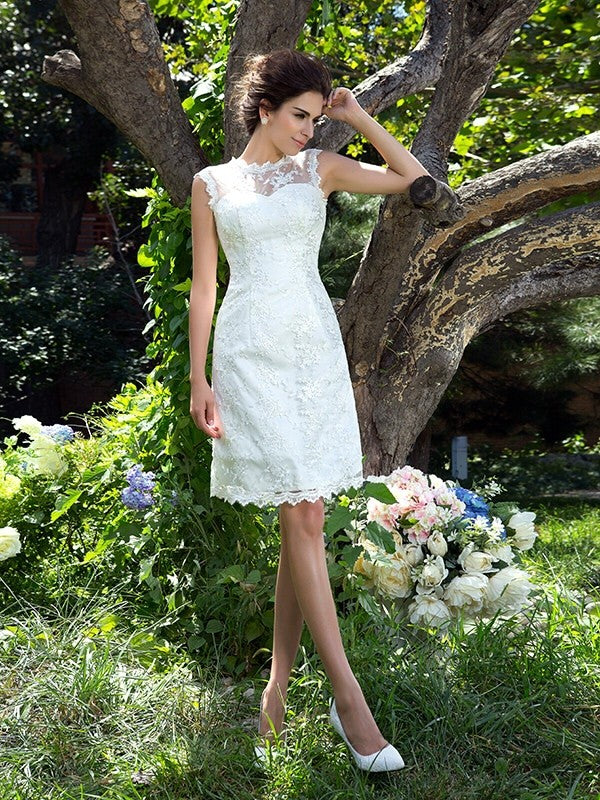 A-Line/Princess Sheer Neck Applique Sleeveless Short Satin Wedding Dresses CICIP0006594