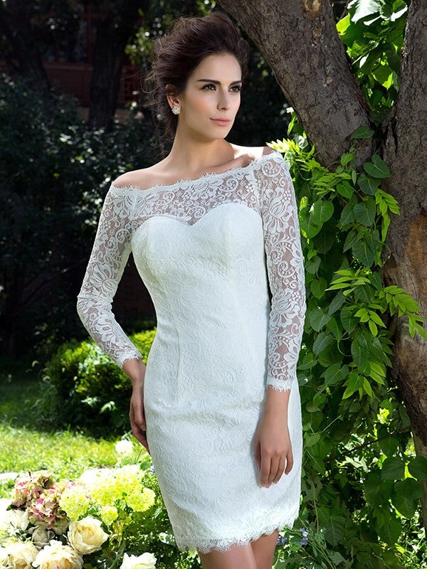 Sheath/Column Scoop Long Sleeves Short Satin Wedding Dresses CICIP0006525