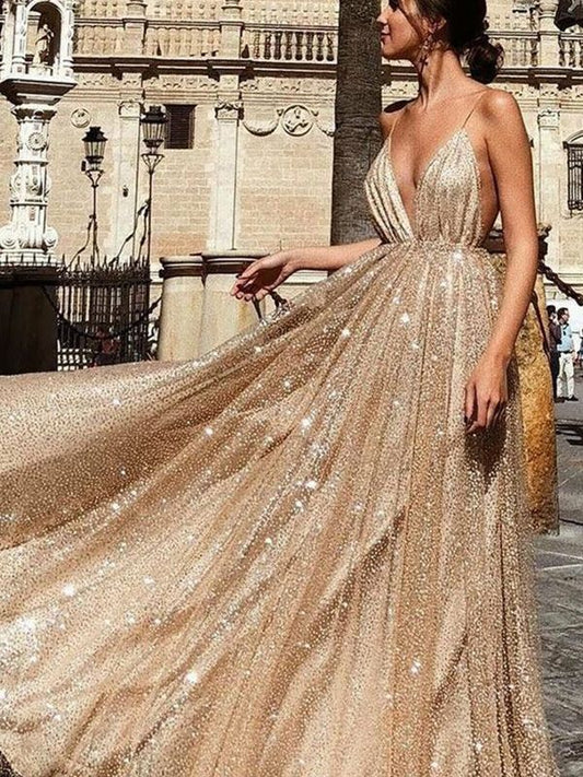 2024 A Line Champagne Shiny Sweetheart Spaghetti Straps Backless Long Prom Dresses