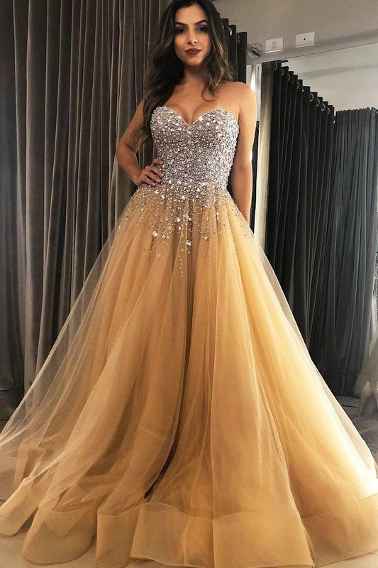 2024 A Line Beaded Sweetheart Tulle Champagne Long Prom Dresses