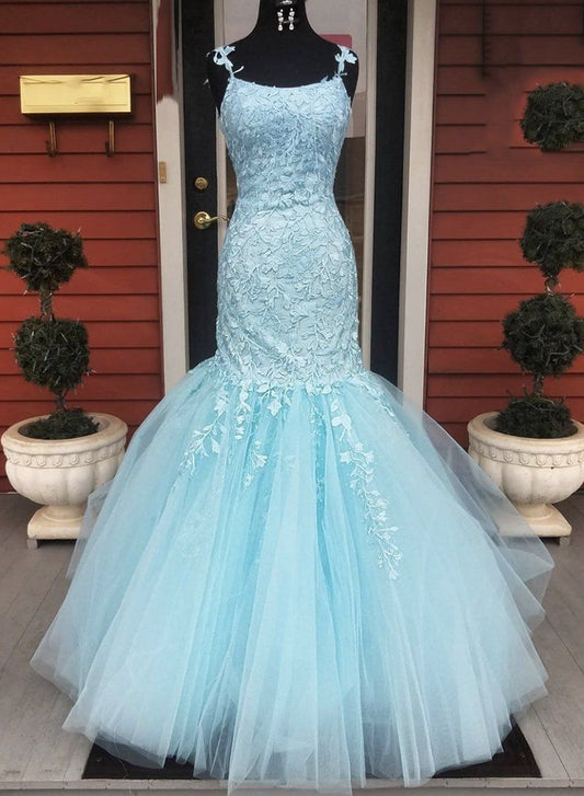 Light Sky Blue Tulle With Appliques Scoop Long Mermaid Prom Dresses