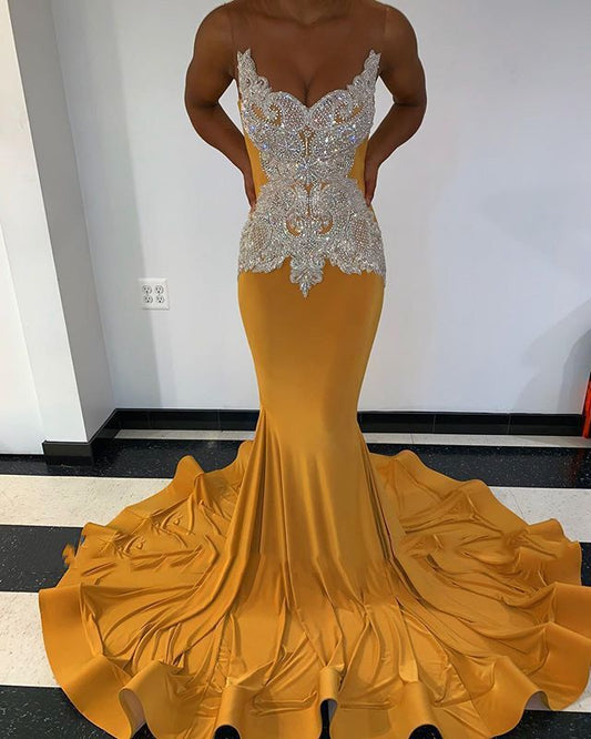 Beaded Gold Long Strapless Mermaid Prom Dresses