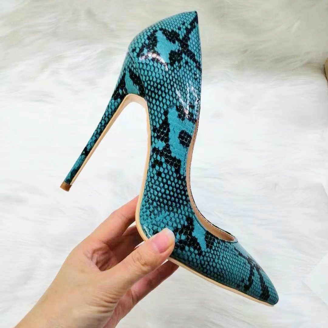 High-heels with blue snakeskin pattern, Fashion Evening Party Shoes, yy19