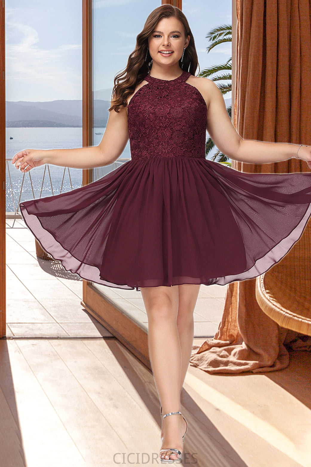 Ava A-line Scoop Short/Mini Chiffon Lace Homecoming Dress CIC8P0020555