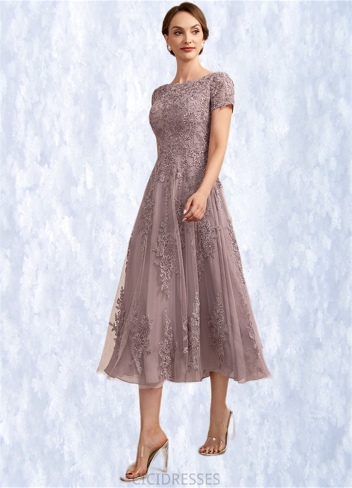 Heidi A-Line Scoop Neck Tea-Length Tulle Lace Mother of the Bride Dress CIC8126P0014538