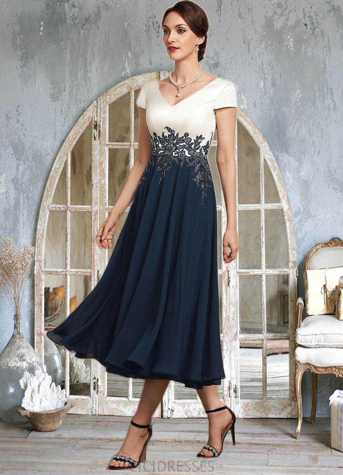 Thirza A-Line V-neck Tea-Length Chiffon Lace Mother of the Bride Dress CIC8126P0014539