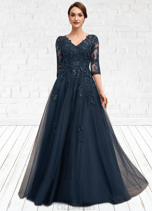 Quinn A-Line V-neck Floor-Length Tulle Lace Mother of the Bride Dress With Sequins CIC8126P0014543