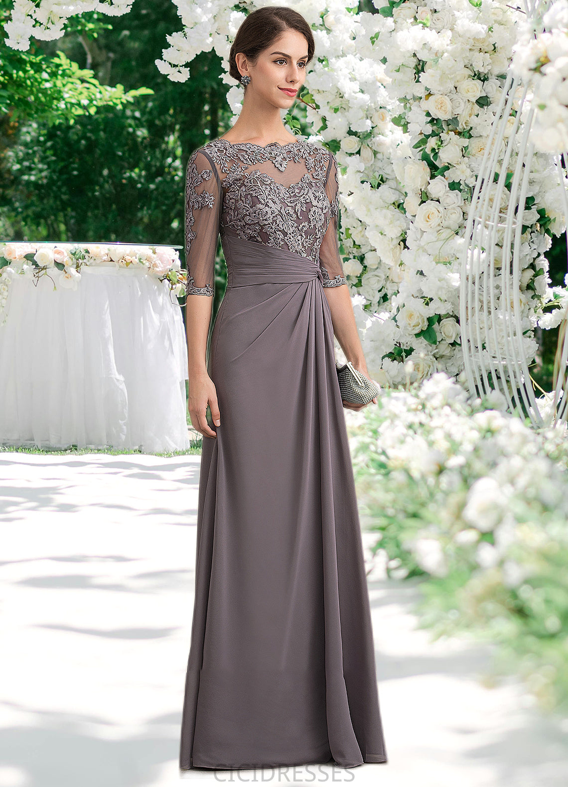 Emilee A-Line Scoop Neck Floor-Length Chiffon Lace Mother of the Bride Dress With Beading Sequins CIC8126P0014546