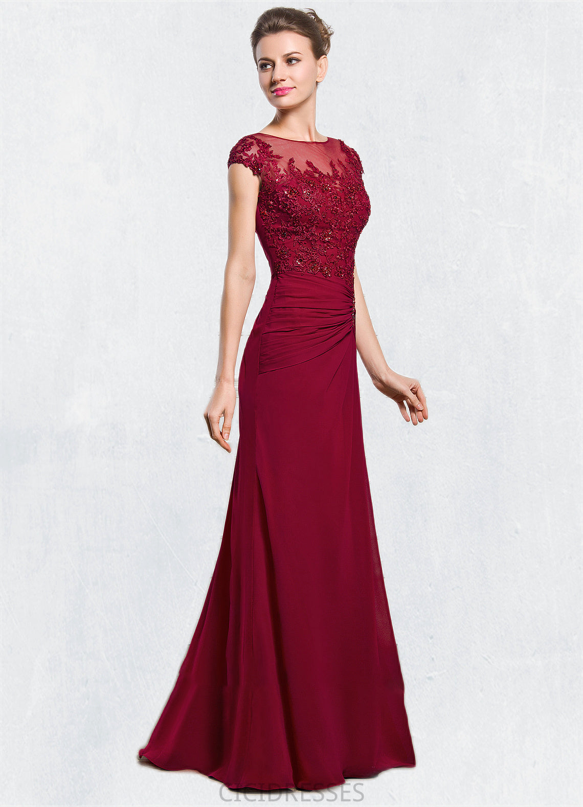 Macy Sheath/Column Scoop Neck Floor-Length Chiffon Mother of the Bride Dress With Ruffle Beading Appliques Lace Sequins Split Front CIC8126P0014549