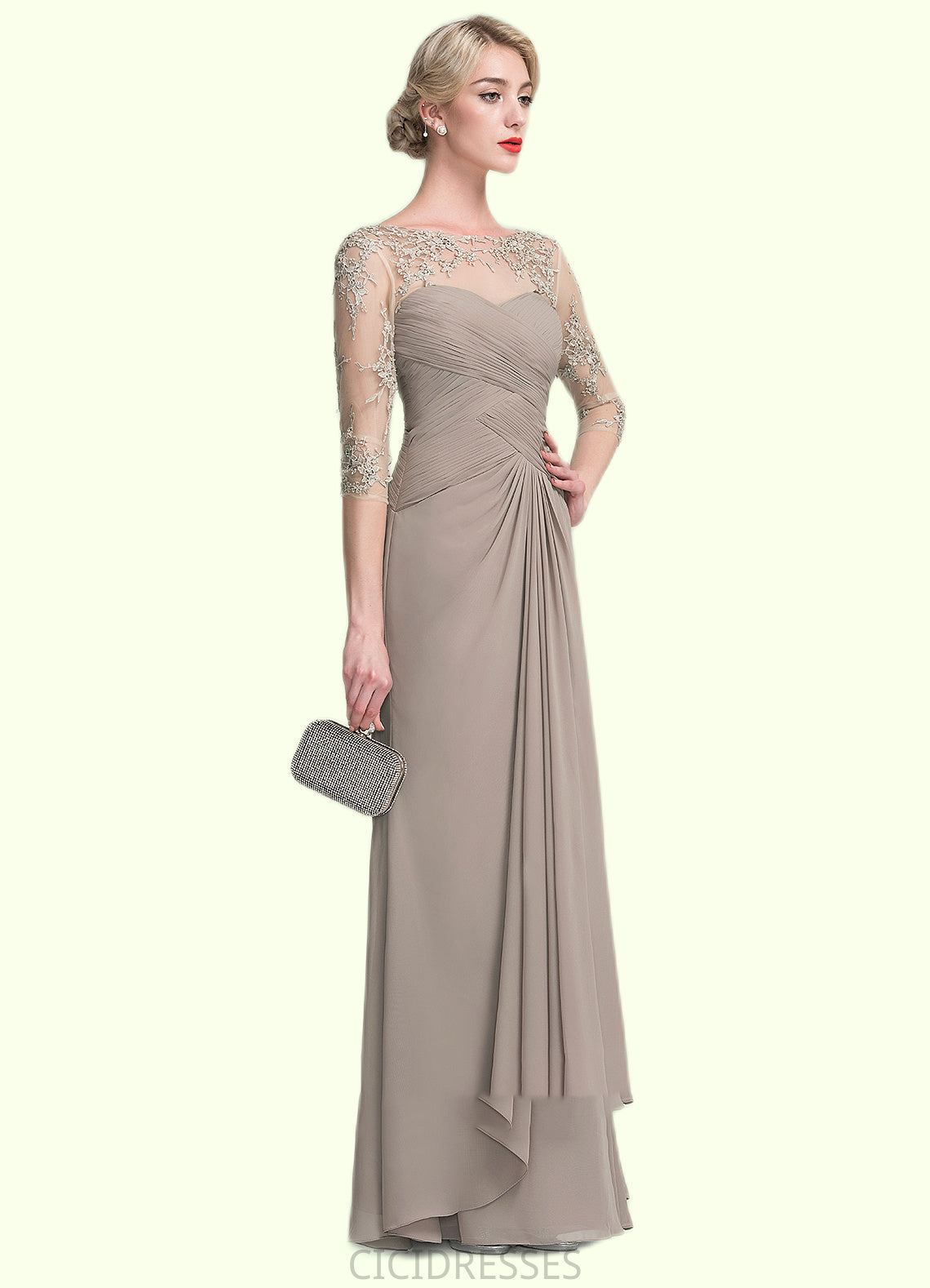 Elaina A-Line Scoop Neck Floor-Length Chiffon Lace Mother of the Bride Dress With Beading Sequins Cascading Ruffles CIC8126P0014551