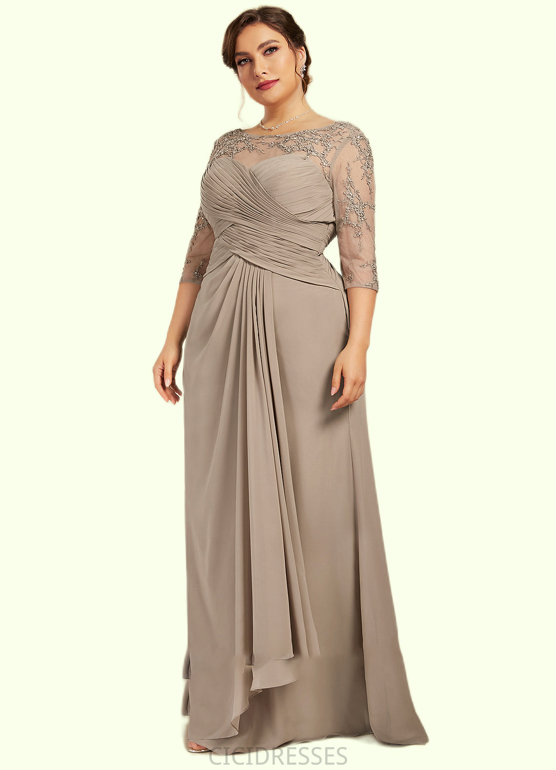 Elaina A-Line Scoop Neck Floor-Length Chiffon Lace Mother of the Bride Dress With Beading Sequins Cascading Ruffles CIC8126P0014551