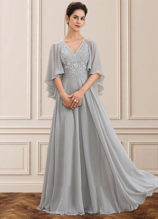 Samantha A-line V-Neck Floor-Length Chiffon Lace Mother of the Bride Dress With Beading Sequins CIC8126P0014563