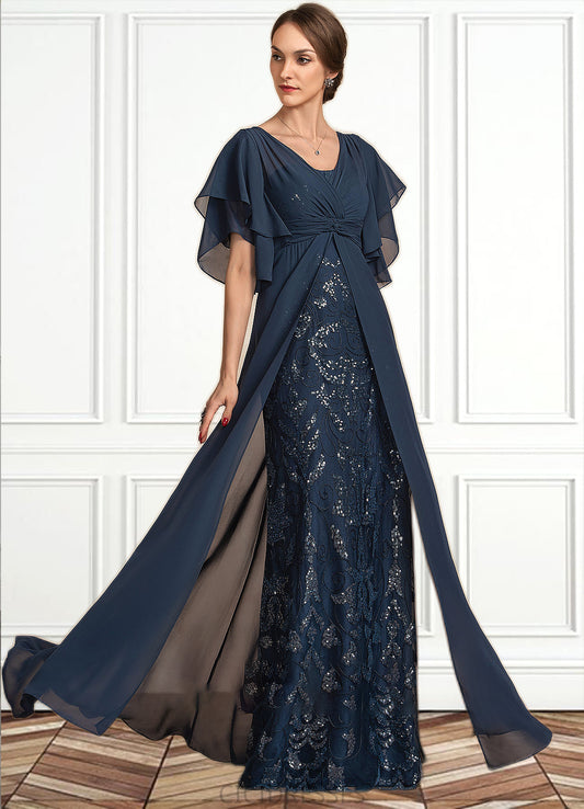 Olive Sheath/Column V-neck Floor-Length Chiffon Lace Mother of the Bride Dress With Ruffle Sequins CIC8126P0014573