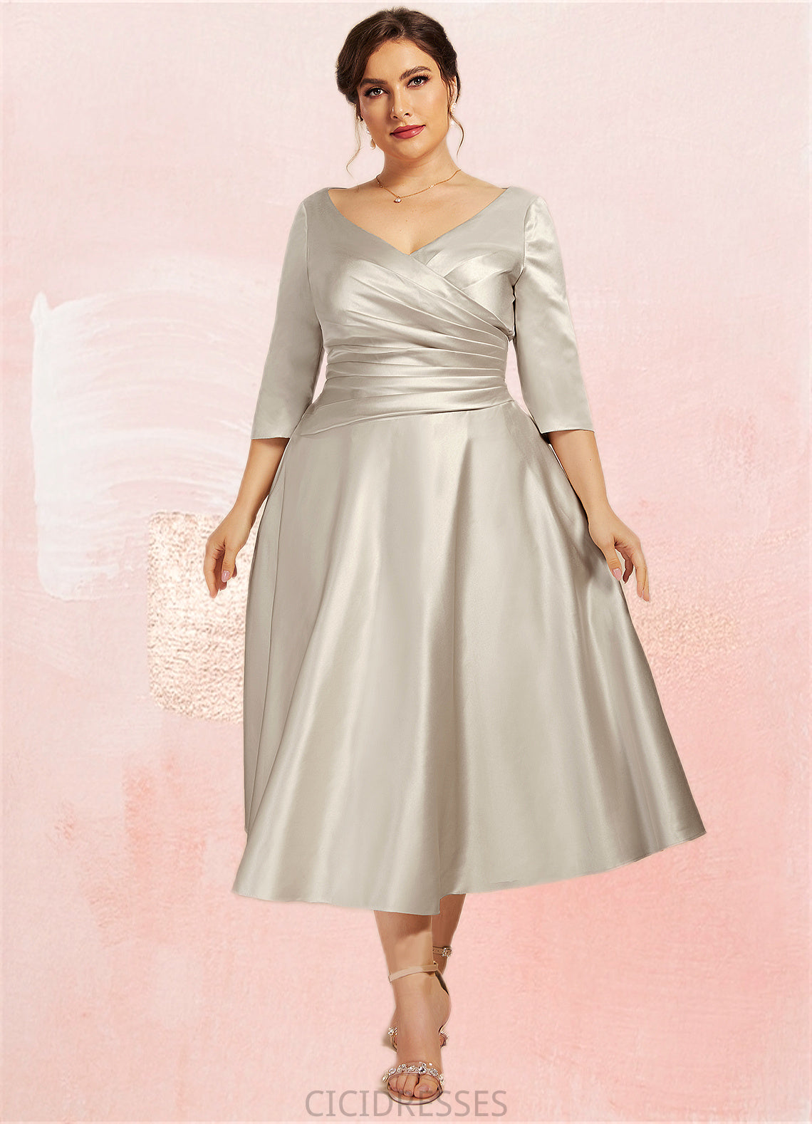Deja A-Line V-neck Tea-Length Satin Mother of the Bride Dress With Ruffle CIC8126P0014598