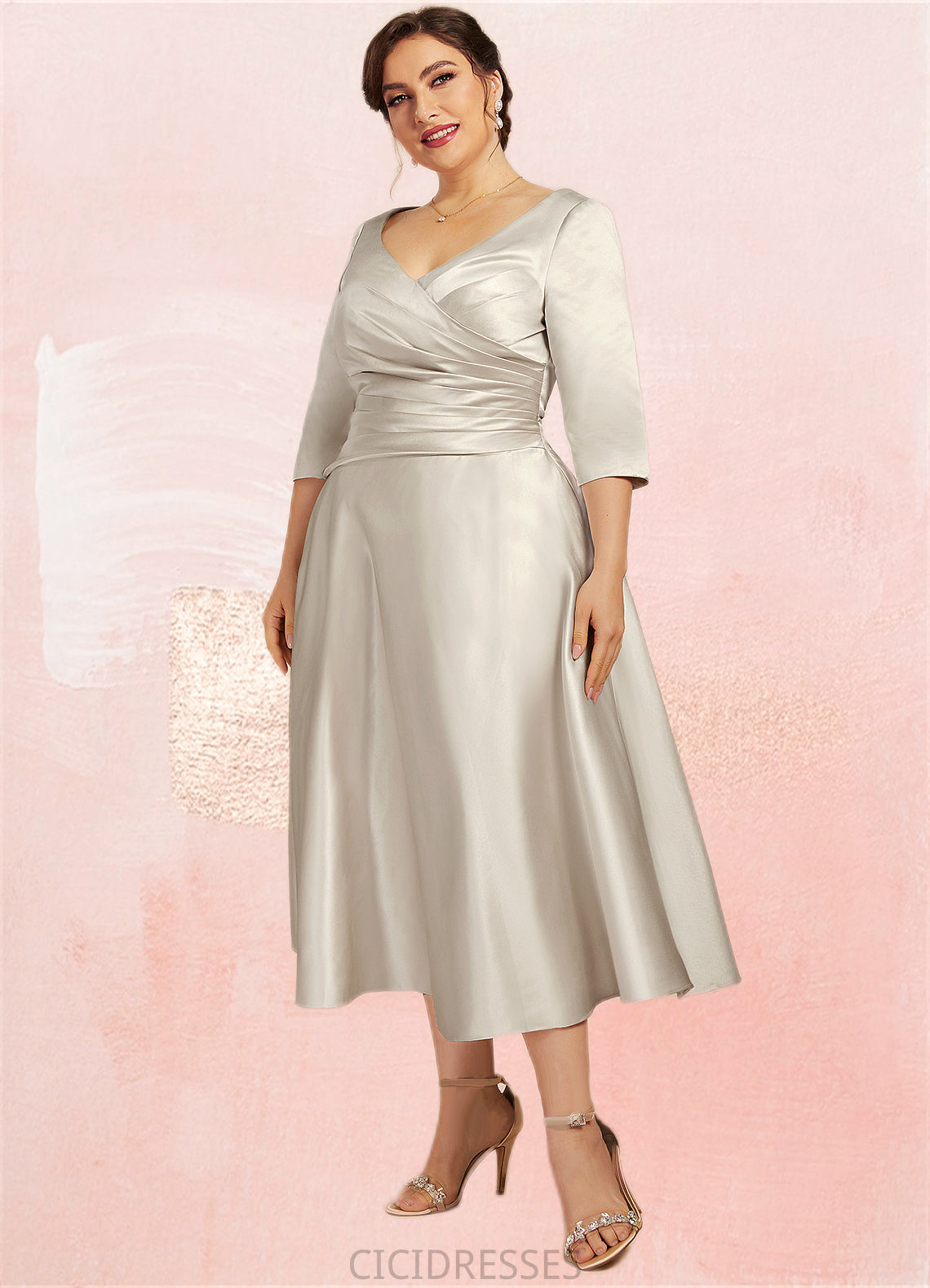 Deja A-Line V-neck Tea-Length Satin Mother of the Bride Dress With Ruffle CIC8126P0014598