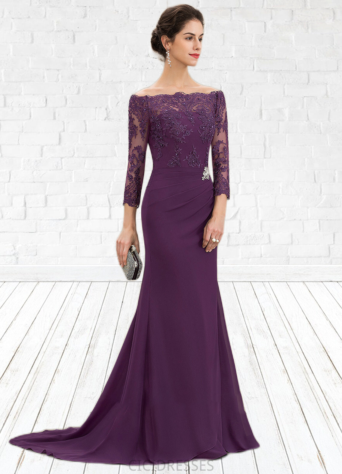Addison Trumpet/Mermaid Off-the-Shoulder Sweep Train Chiffon Lace Mother of the Bride Dress With Beading Sequins CIC8126P0014604