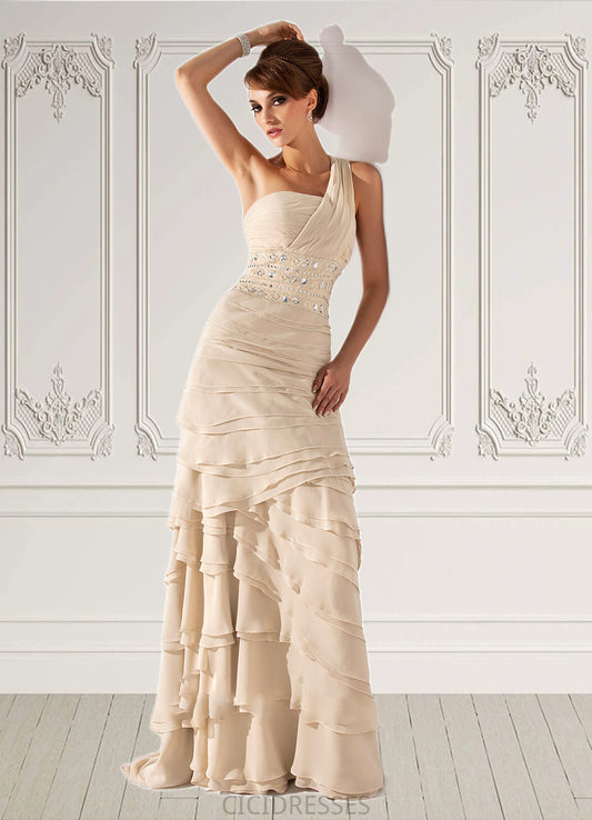 Elianna A-Line One-Shoulder Sweep Train Chiffon Mother of the Bride Dress With Beading Cascading Ruffles CIC8126P0014610