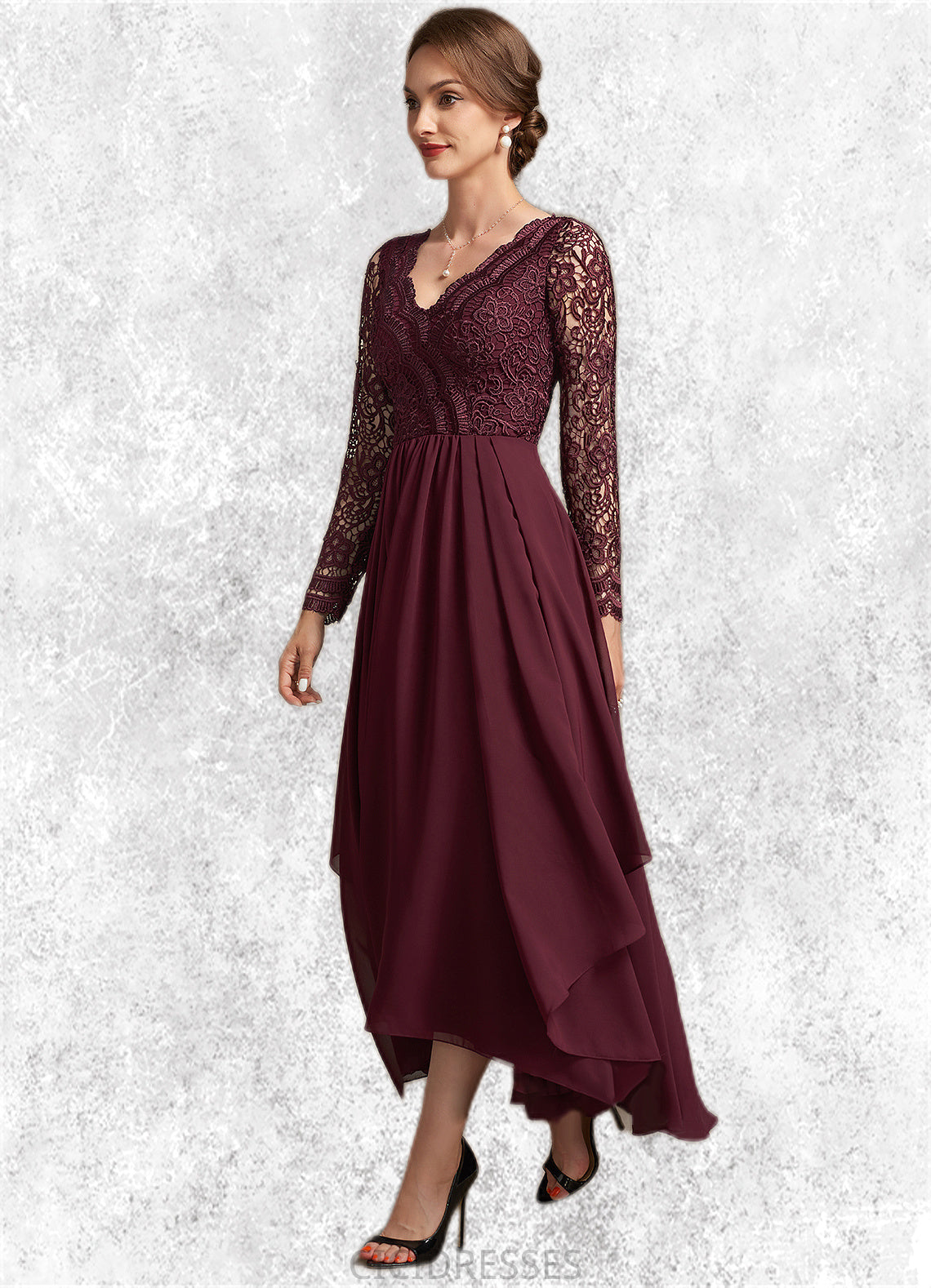 Maureen A-line V-Neck Asymmetrical Chiffon Lace Mother of the Bride Dress CIC8126P0014640