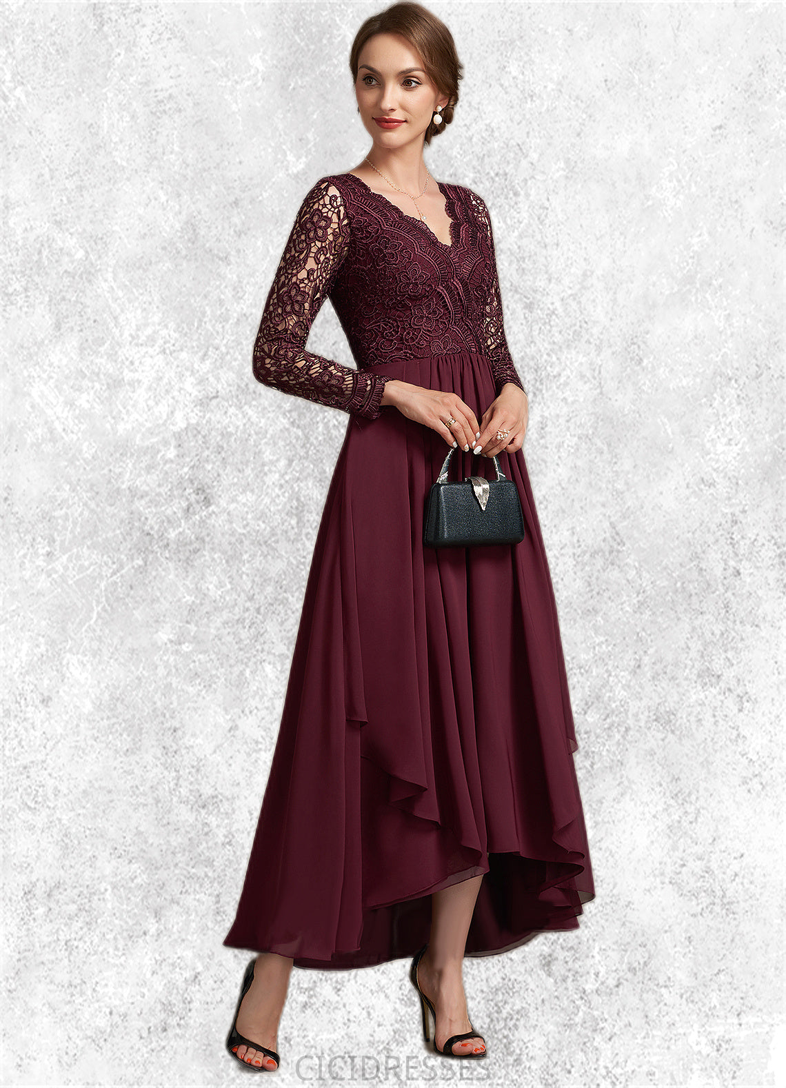 Maureen A-line V-Neck Asymmetrical Chiffon Lace Mother of the Bride Dress CIC8126P0014640