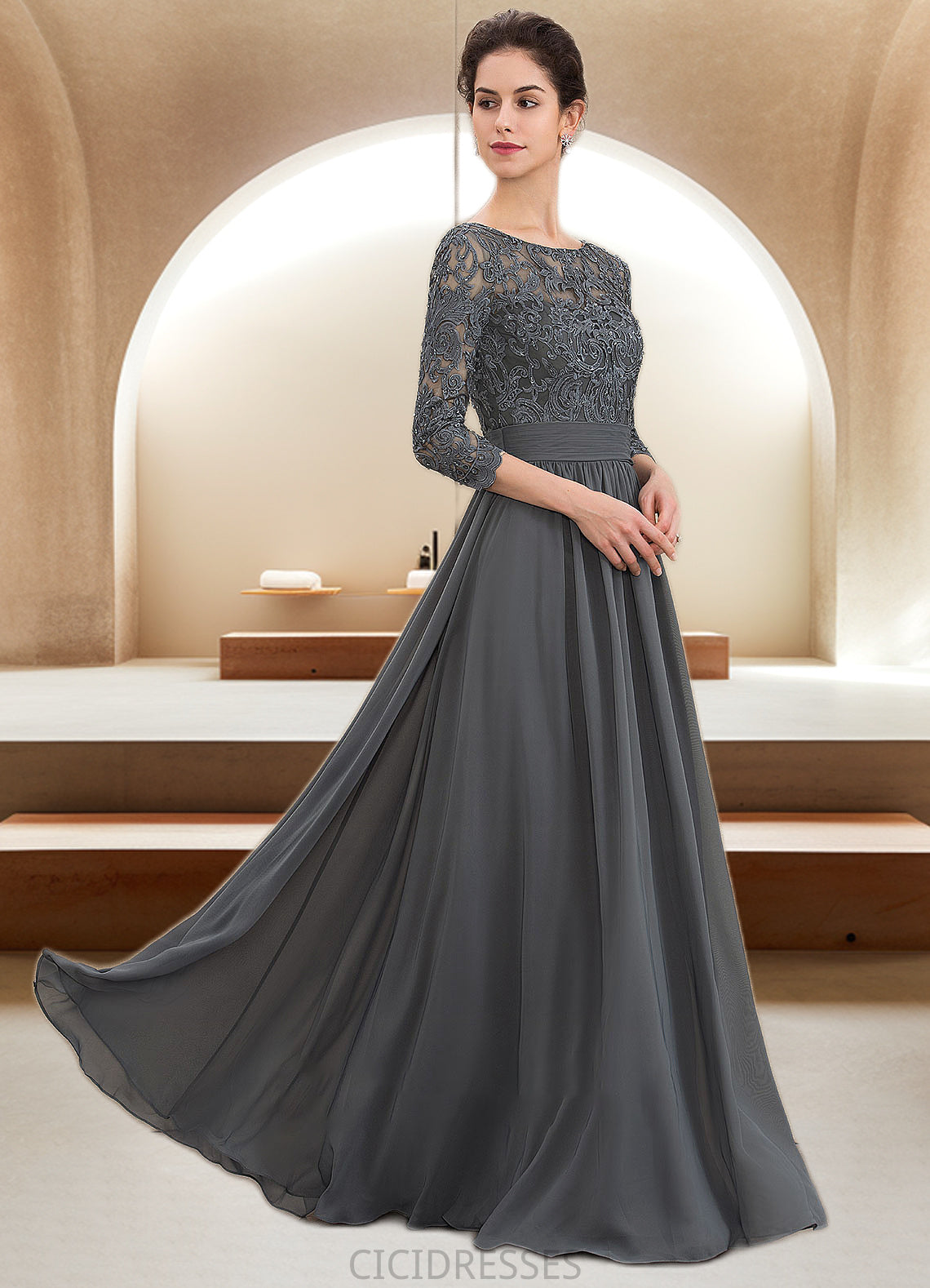 Savannah A-Line Scoop Neck Floor-Length Chiffon Lace Mother of the Bride Dress With Ruffle Beading Sequins CIC8126P0014652