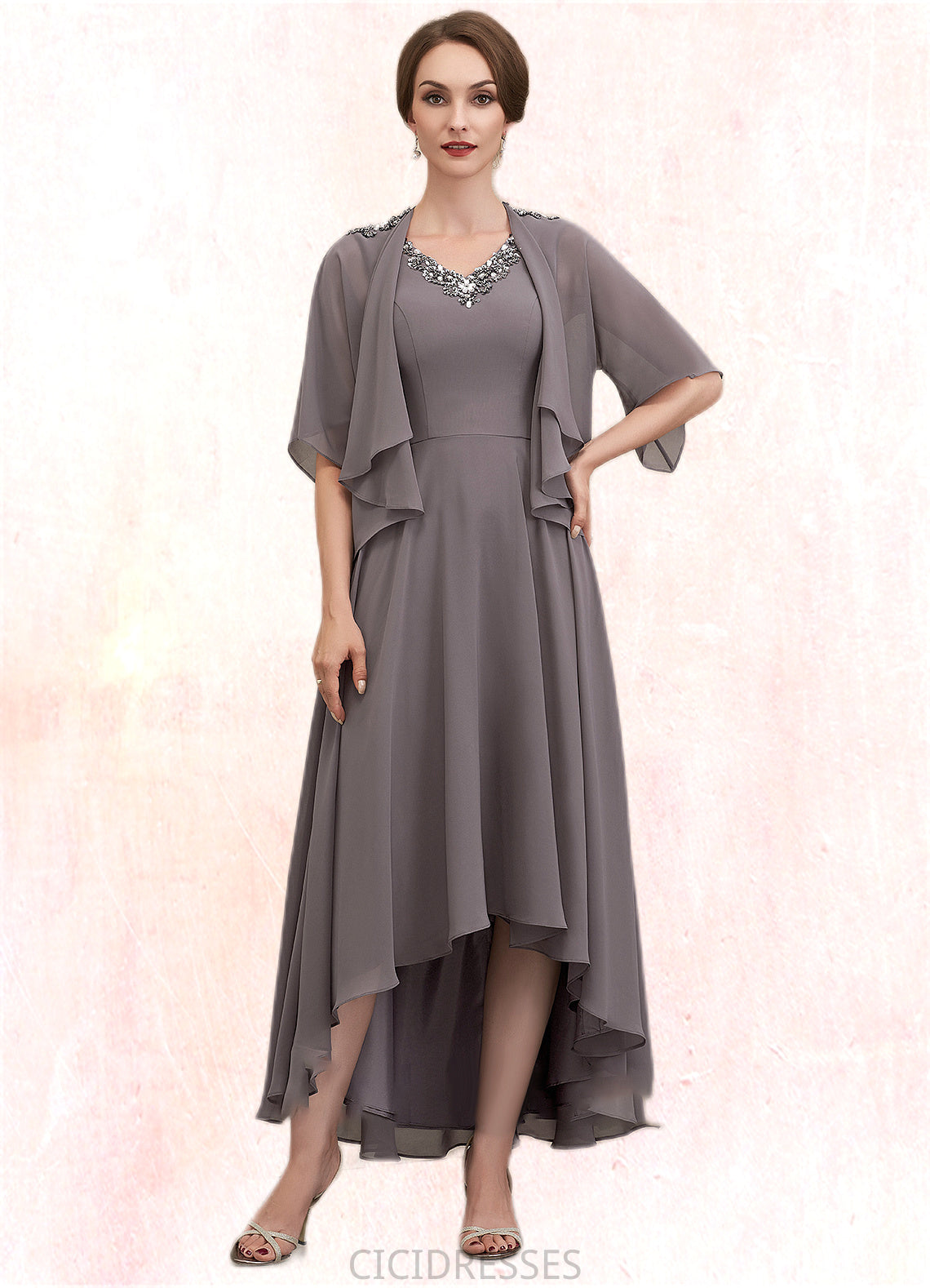 Nyla A-line V-Neck Asymmetrical Chiffon Mother of the Bride Dress With Beading Sequins CIC8126P0014656