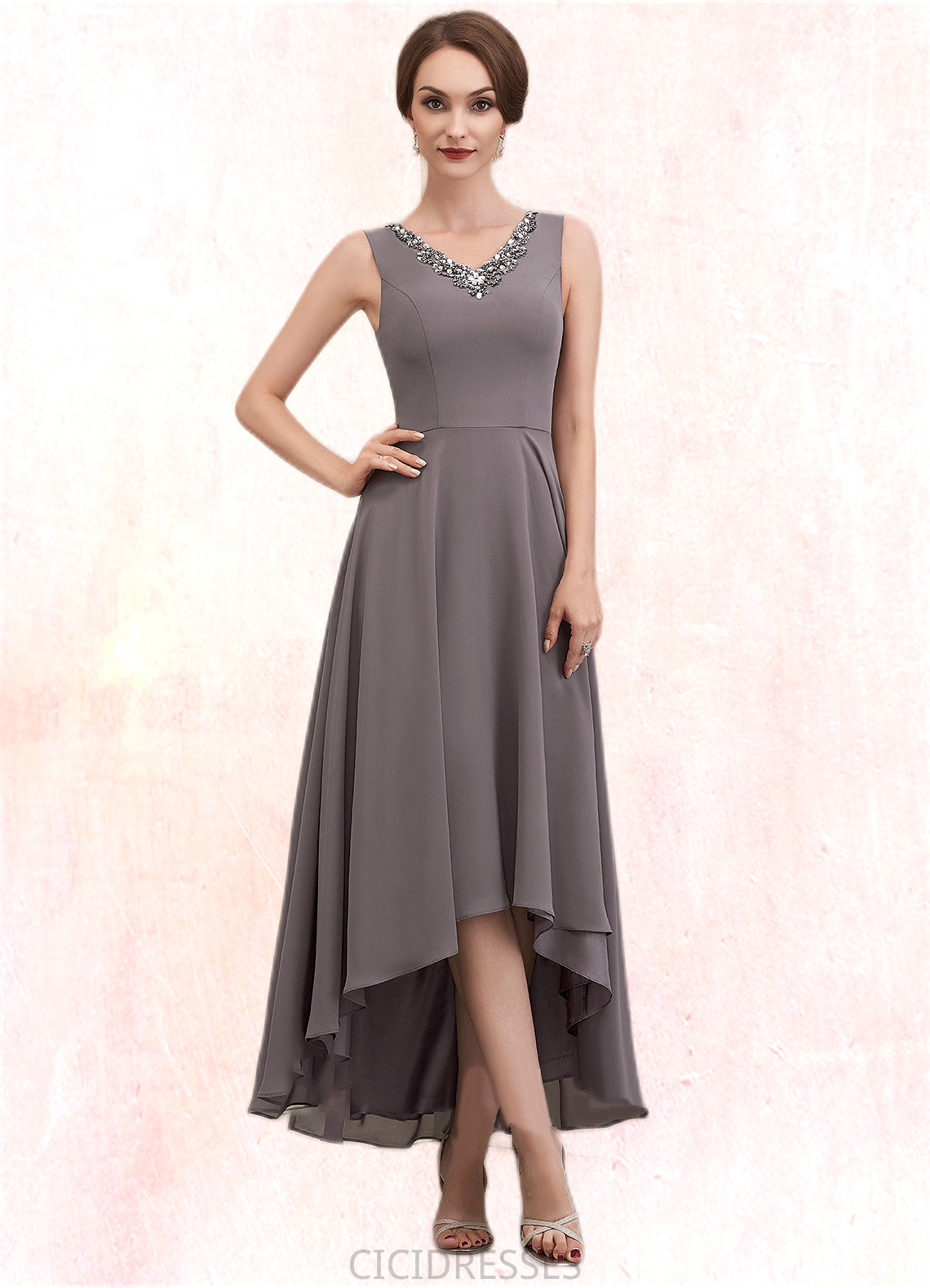 Nyla A-line V-Neck Asymmetrical Chiffon Mother of the Bride Dress With Beading Sequins CIC8126P0014656