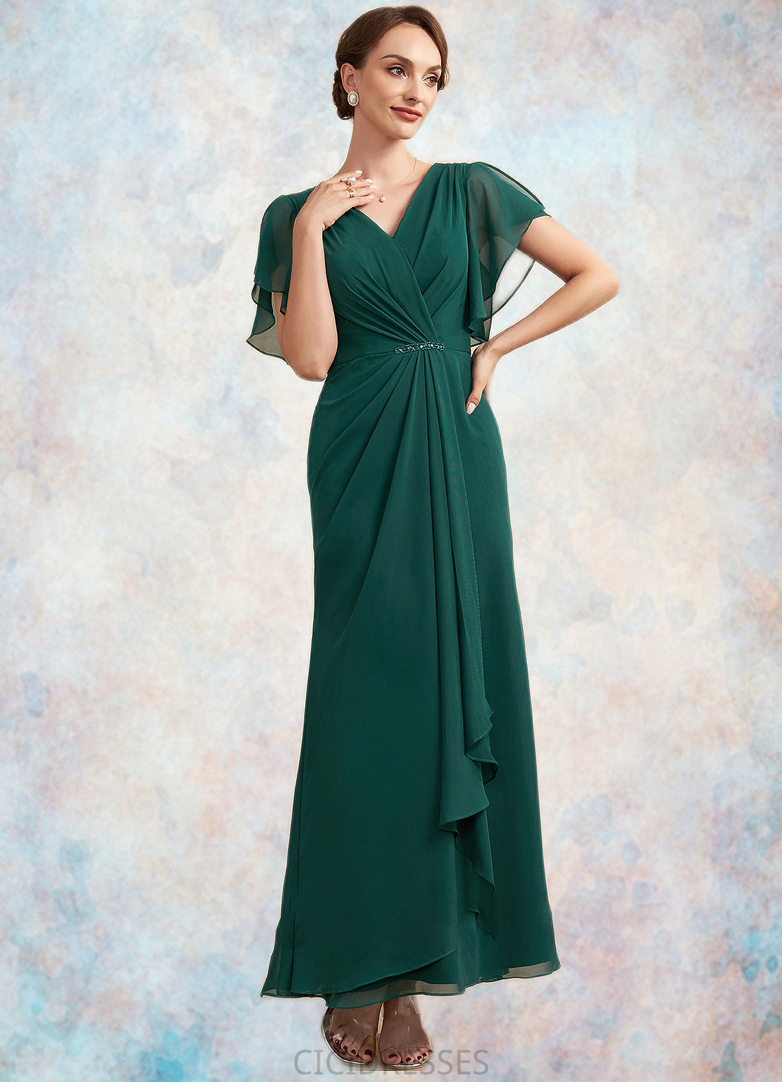 Valentina A-Line V-neck Ankle-Length Chiffon Mother of the Bride Dress With Ruffle Beading Sequins CIC8126P0014672