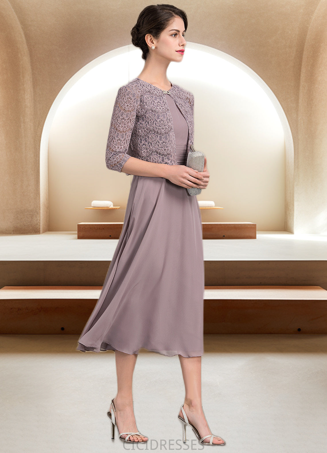 Theresa A-Line Scoop Neck Tea-Length Chiffon Mother of the Bride Dress With Ruffle CIC8126P0014679