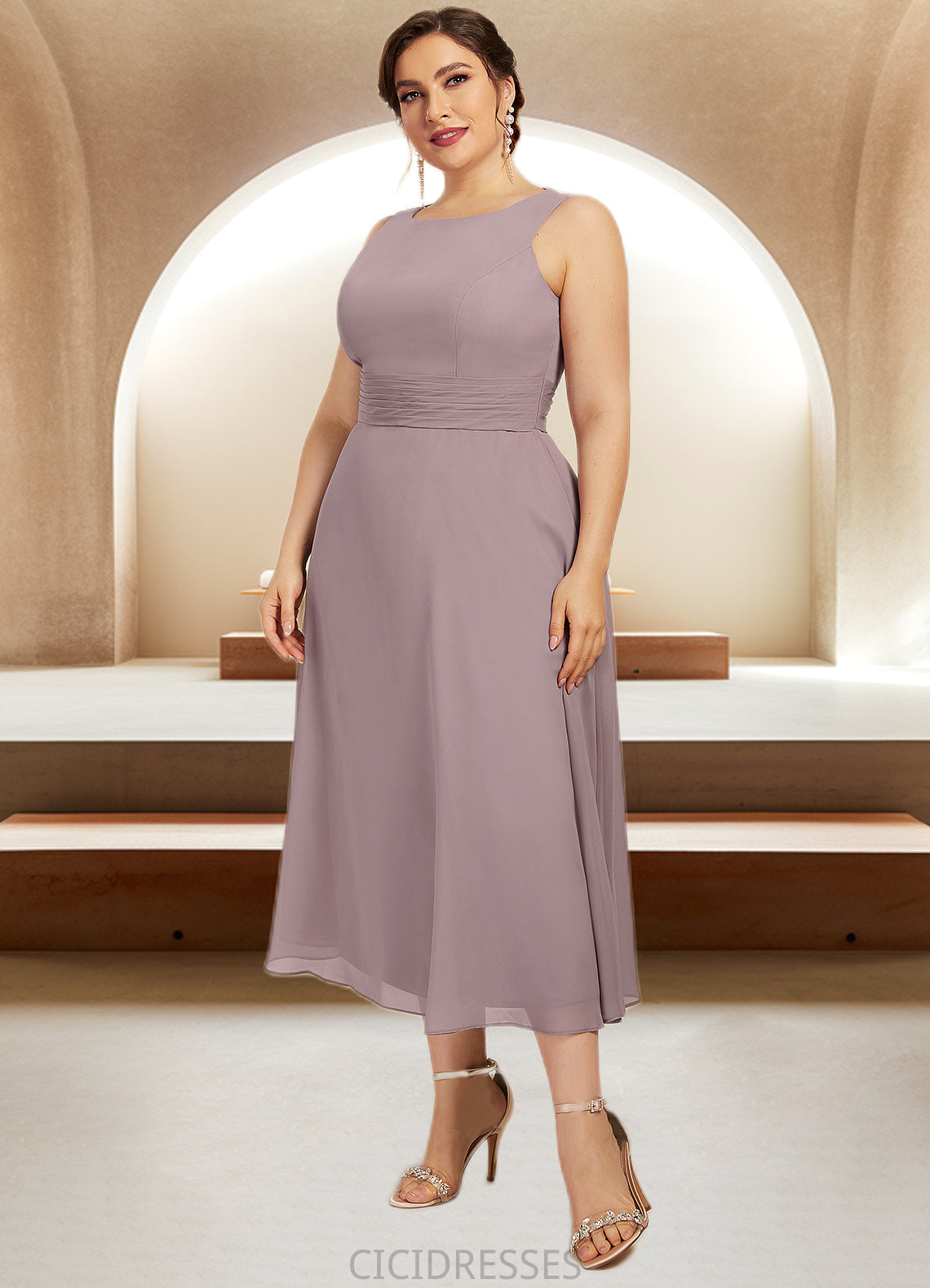 Theresa A-Line Scoop Neck Tea-Length Chiffon Mother of the Bride Dress With Ruffle CIC8126P0014679
