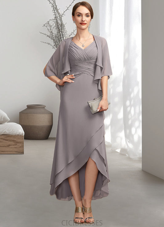 Zoe A-Line V-neck Asymmetrical Chiffon Mother of the Bride Dress With Ruffle CIC8126P0014682