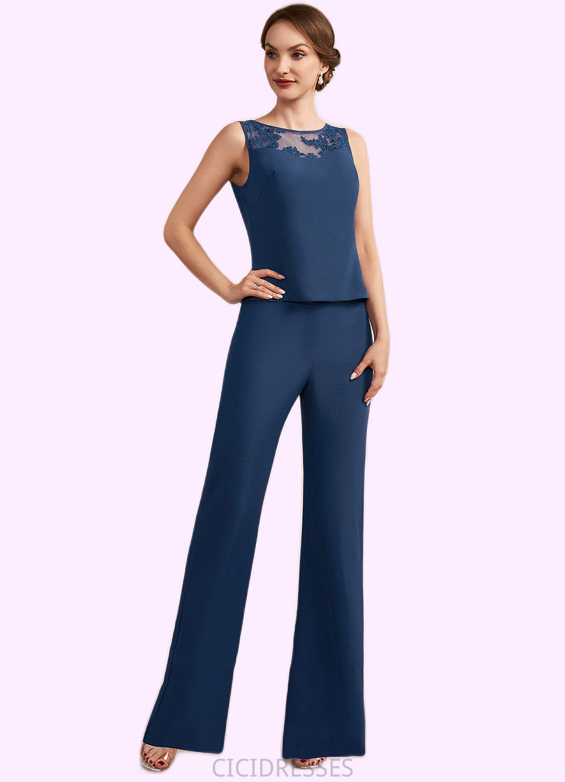 Hillary Jumpsuit/Pantsuit Scoop Neck Floor-Length Chiffon Mother of the Bride Dress With Lace CIC8126P0014687