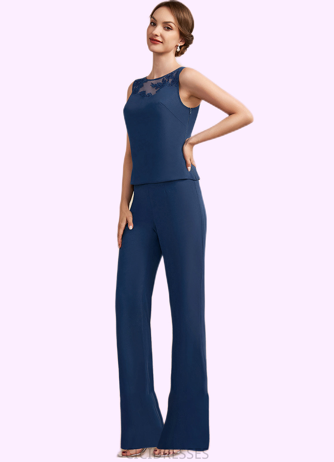 Hillary Jumpsuit/Pantsuit Scoop Neck Floor-Length Chiffon Mother of the Bride Dress With Lace CIC8126P0014687