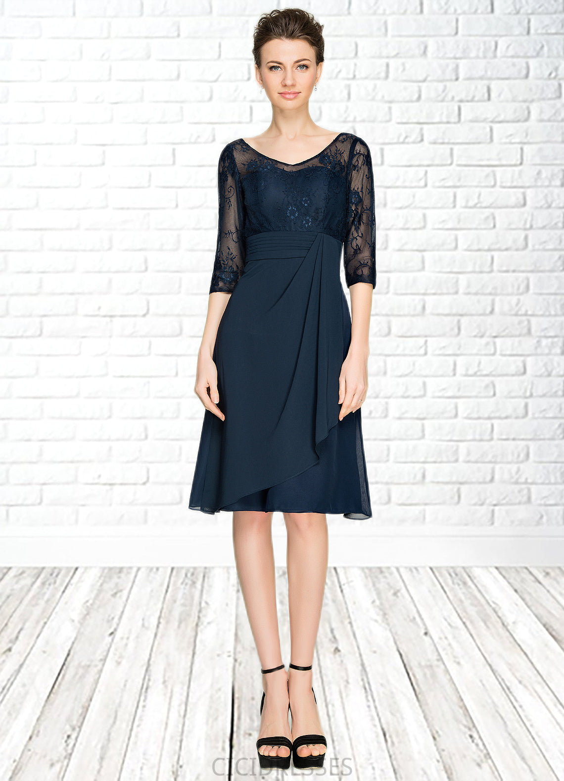 Aubrie A-Line V-neck Knee-Length Chiffon Lace Mother of the Bride Dress With Cascading Ruffles CIC8126P0014695