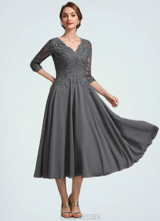 Suzanne A-line V-Neck Tea-Length Chiffon Lace Mother of the Bride Dress With Beading Sequins CIC8126P0014702