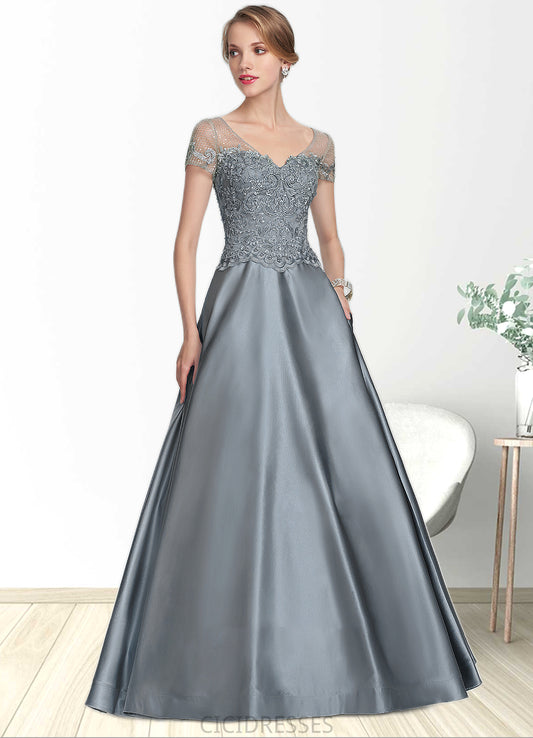 Luna A-Line V-neck Floor-Length Satin Lace Mother of the Bride Dress With Beading Sequins CIC8126P0014730