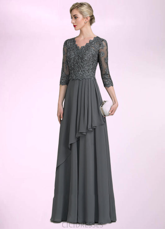Dahlia A-Line V-neck Floor-Length Chiffon Lace Mother of the Bride Dress With Beading Sequins Cascading Ruffles CIC8126P0014756