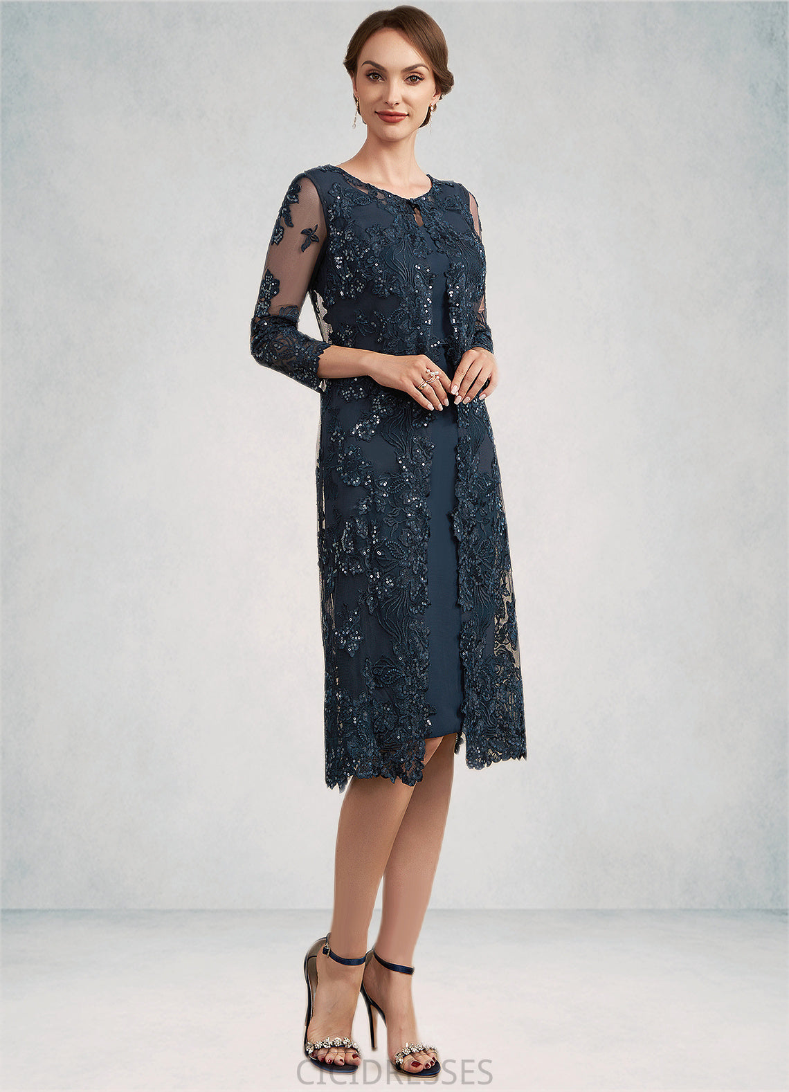 Tianna Sheath/Column Scoop Neck Knee-Length Chiffon Lace Mother of the Bride Dress With Sequins CIC8126P0014771