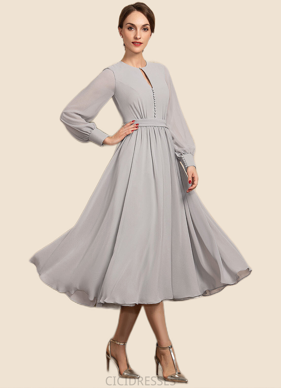 Brenda A-Line Scoop Neck Tea-Length Chiffon Mother of the Bride Dress With Bow(s) CIC8126P0014779