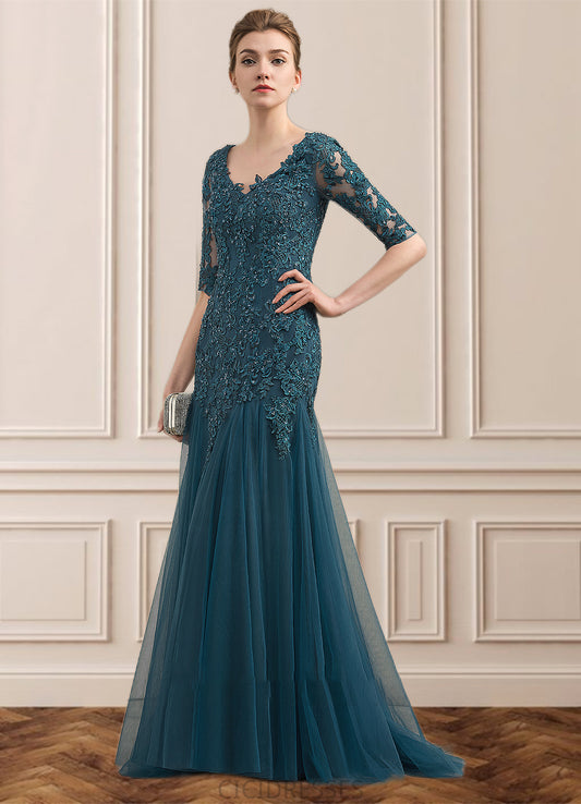 Regina Trumpet/Mermaid V-neck Sweep Train Tulle Lace Mother of the Bride Dress With Beading Sequins CIC8126P0014804