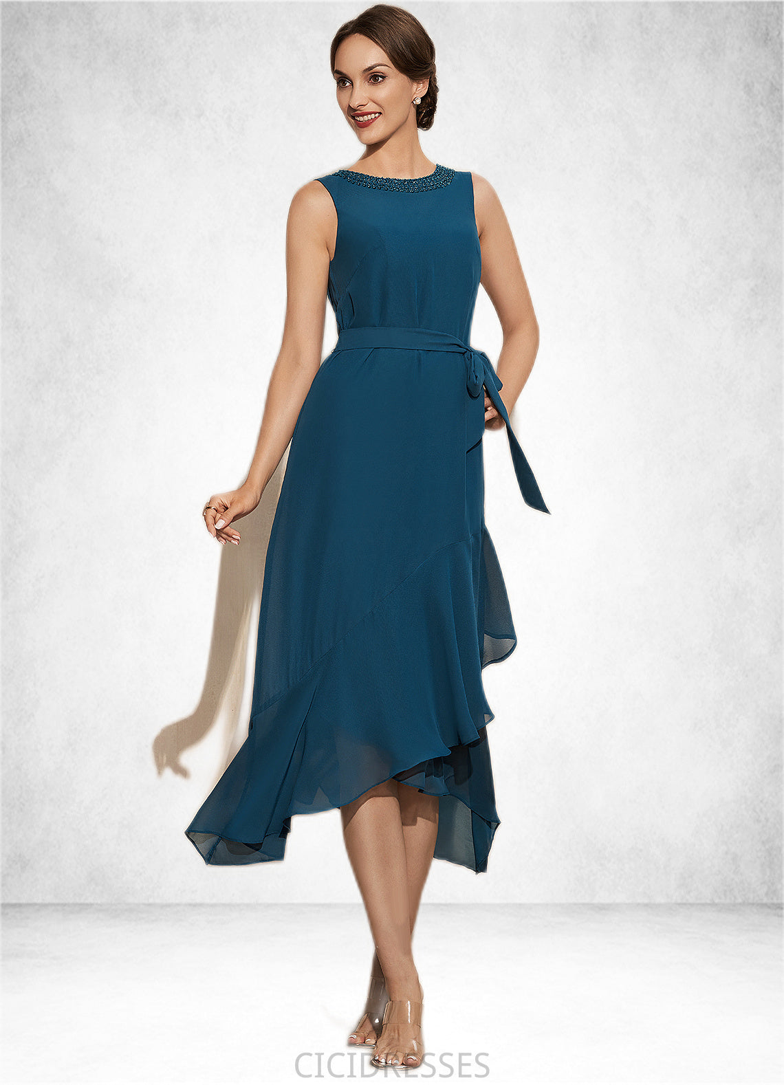 Skye A-Line Scoop Neck Asymmetrical Chiffon Mother of the Bride Dress With Beading Cascading Ruffles CIC8126P0014817