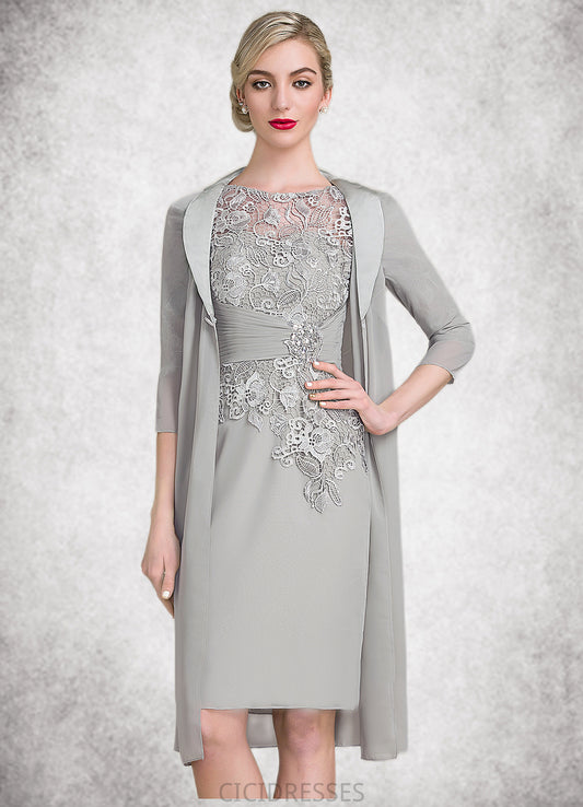 Abagail Sheath/Column Scoop Neck Knee-Length Chiffon Lace Mother of the Bride Dress With Ruffle Beading CIC8126P0014821