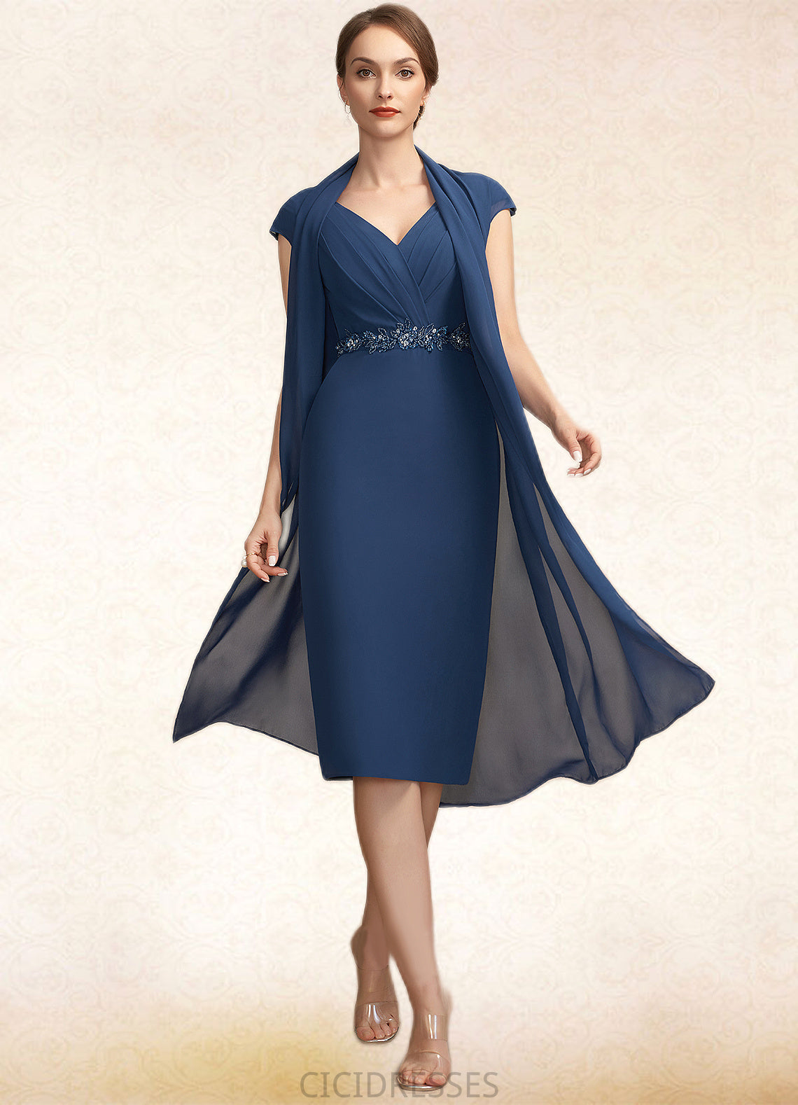 Lorna Sheath/Column V-neck Knee-Length Chiffon Mother of the Bride Dress With Ruffle Beading Sequins CIC8126P0014847