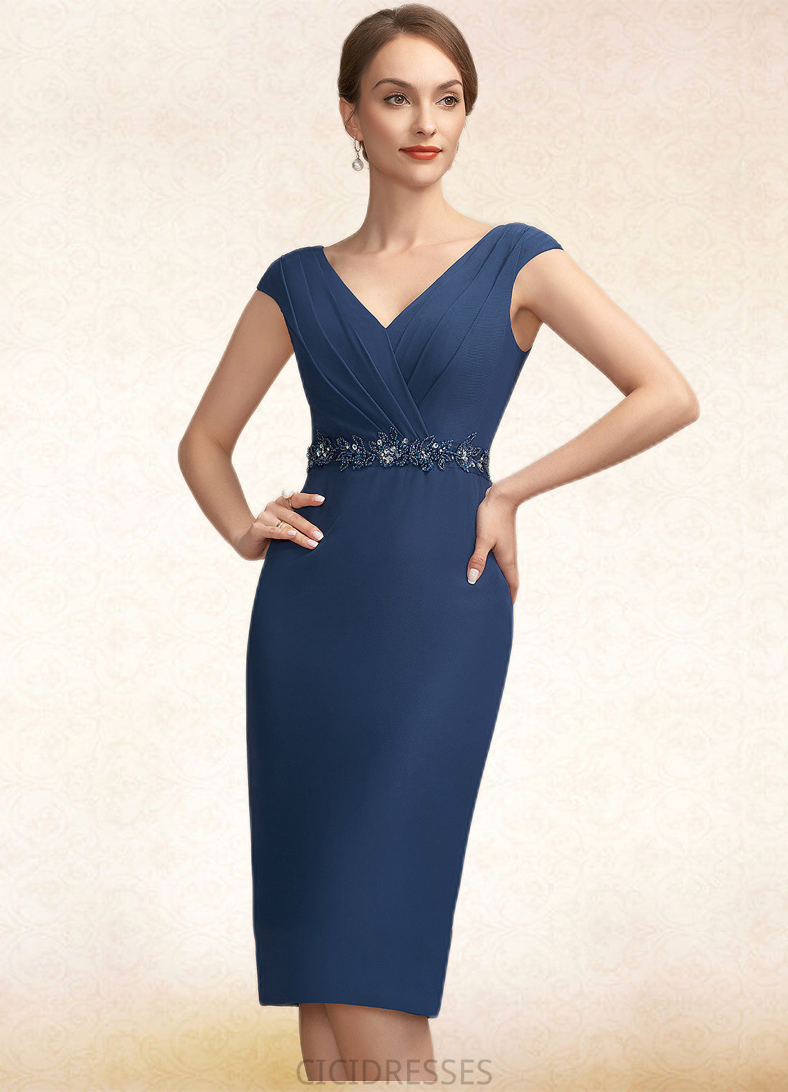 Lorna Sheath/Column V-neck Knee-Length Chiffon Mother of the Bride Dress With Ruffle Beading Sequins CIC8126P0014847
